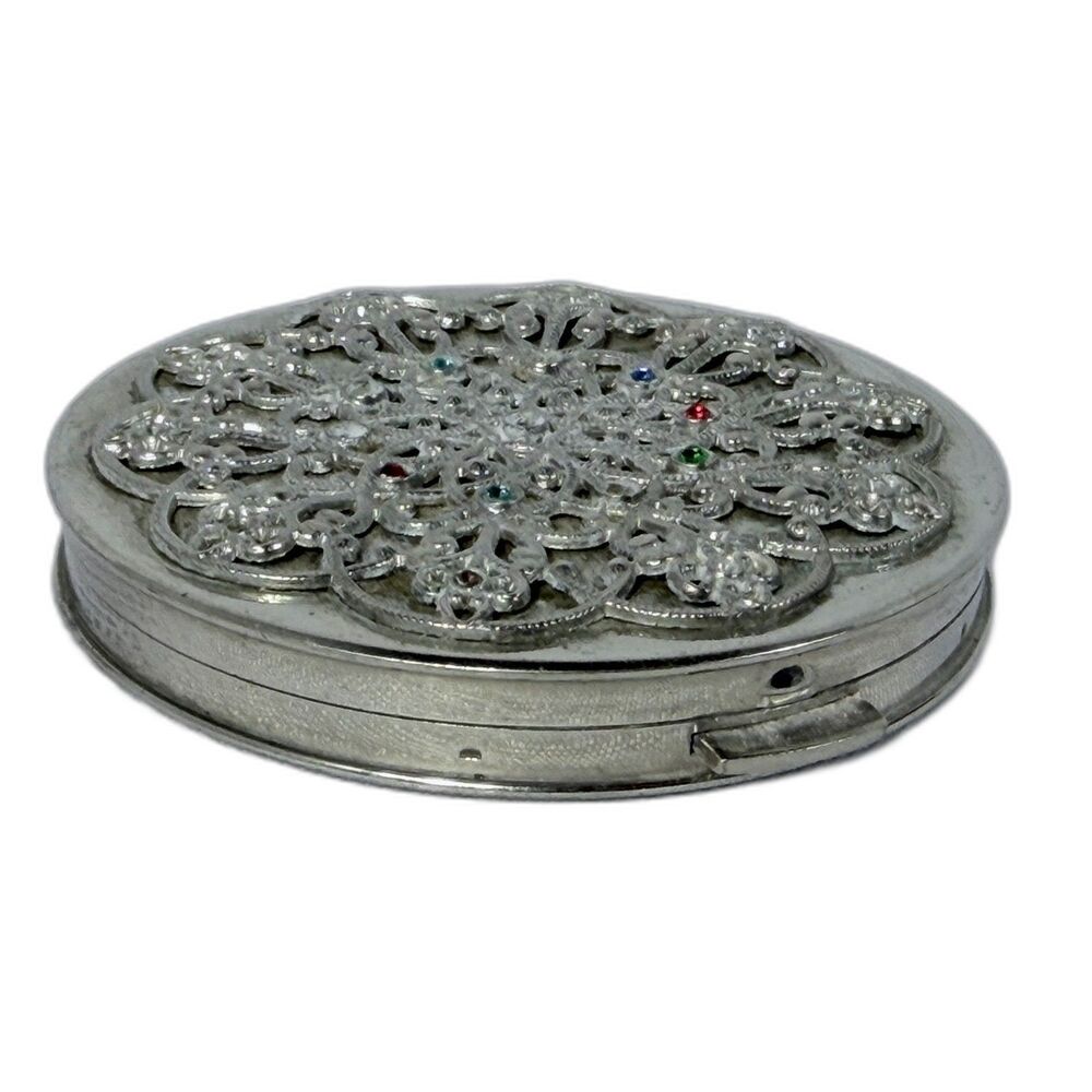 VTG Bridal Round Compact Mirror Rhinestone Jeweled Filigree Metal Purse Powder